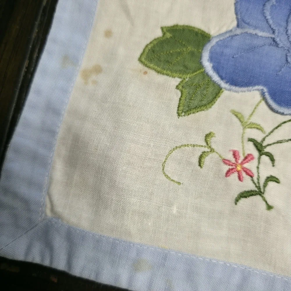 MCM Hand Embroidered Blue Rose Placemats Cotton Linen Table Linens Set of 7